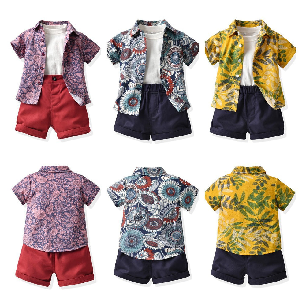 Boys' summer short-sleeve floral shirt kids' set white t-shirt shorts casual three-piece outfit - foreign trade beach style