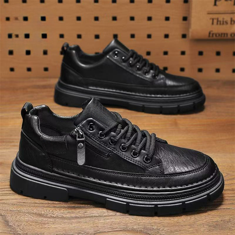Men's spring new arrivals: men's athletic & casual sneakers - versatile, waterproof, non-slip black leather shoes - leather upper, work-ready trendy footwear