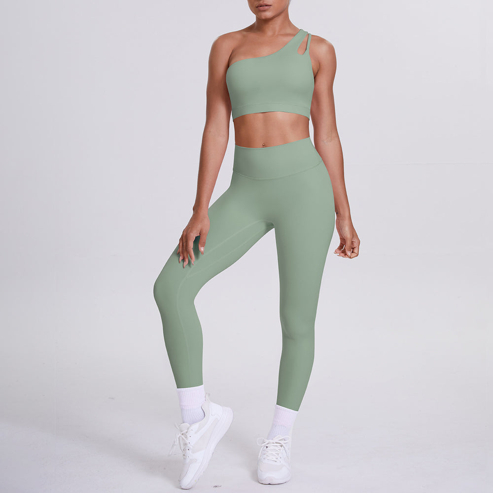 fashion double-sided nylon brushed single-shoulder yoga suit sports running fitness pants two-piece set for women