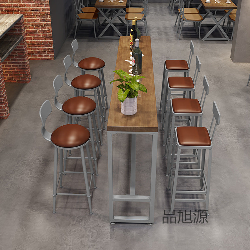 Bar cafe wall commercial wood bar table and chair combination Internet celebrity long wrought iron soft seat back dining table and chair
