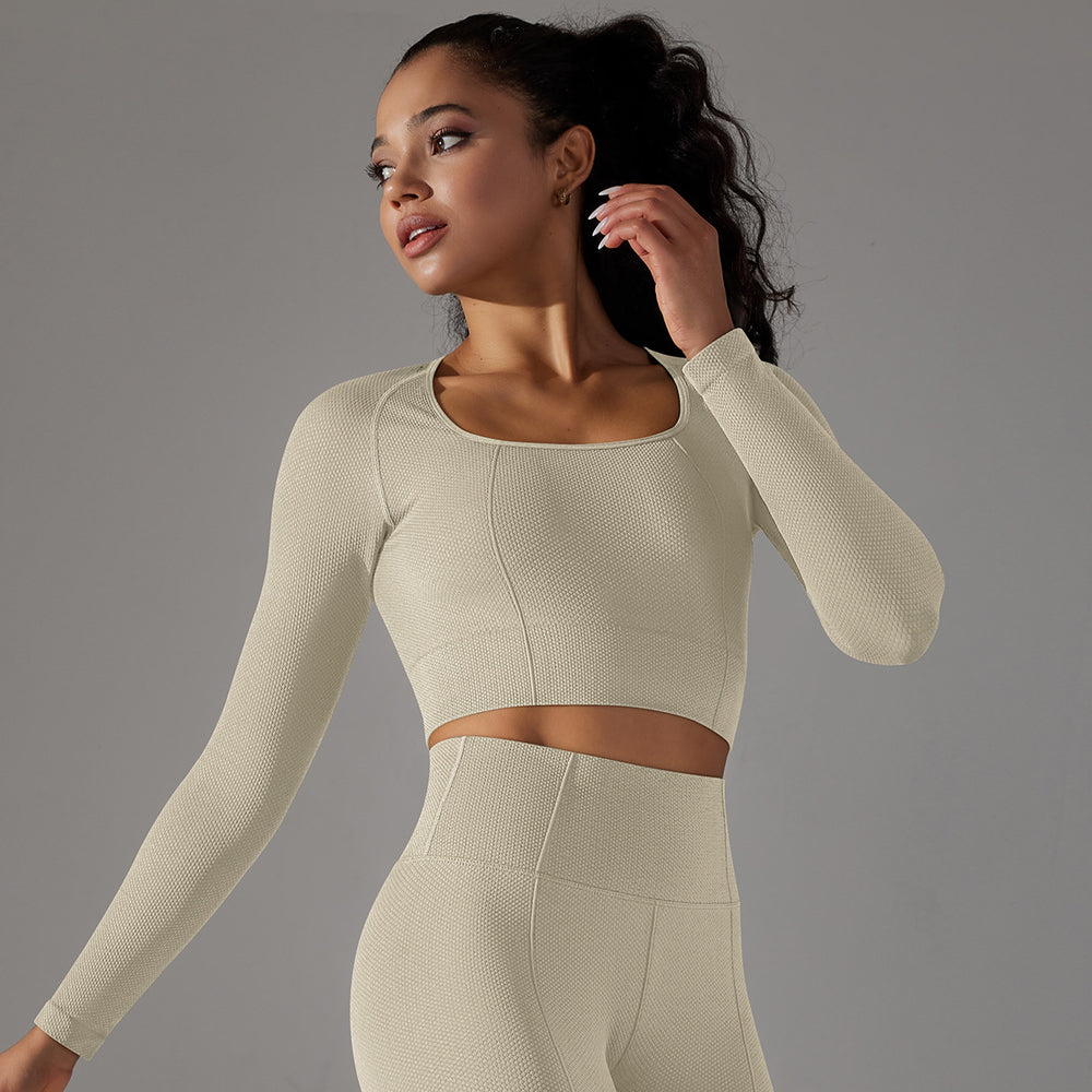 New arrival cross-border seamless pure color dotted stripes t-shirt high elastic low collar abdominal shaping yoga wear long sleevestops women