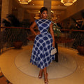 European and american cross-border women's fashion  summer new arrival: elegant retro round neck plaid top and asymmetrical midi skirt set