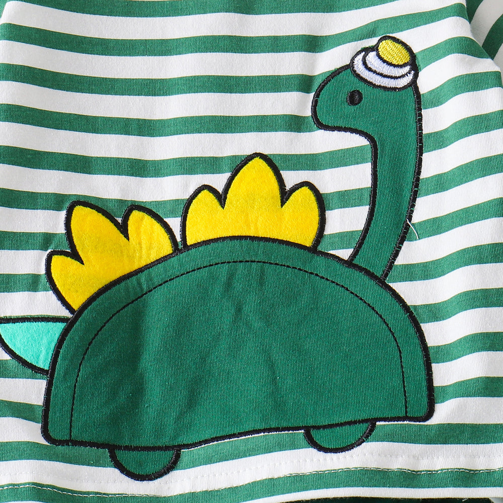 Amazon  spring/summer new kids' stylish and trendy baby green dinosaur cartoon striped short-sleeve and pants two-piece set