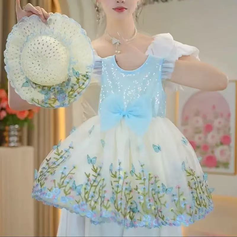 Girls' summer bowknot sequin floral mesh tutu dress -  new stylish princess dress for baby girls