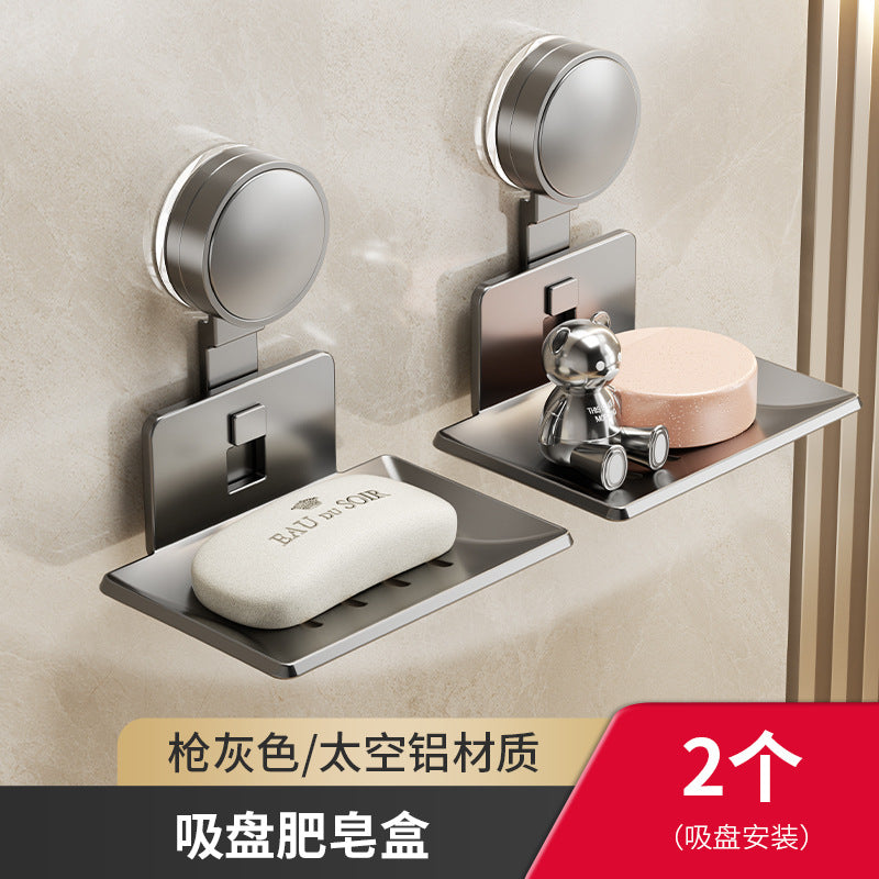 Suction cup soap dish wall-mounted punch-free space aluminum bathroom soap rack for home wall storage drain soap box
