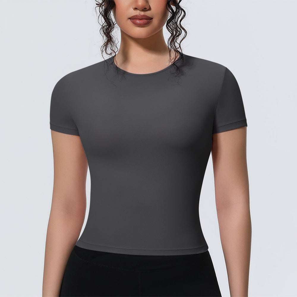 new arrival sports nude waist silm short-sleeved breathable yoga clothes t-shirt running training fitness tops for women