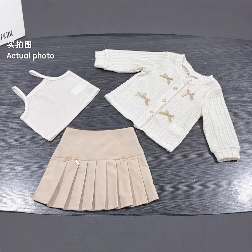 cross-border korean style girls' & toddler's preppy bow cardigan solid color camisole + a-line pleated skirt three-piece set