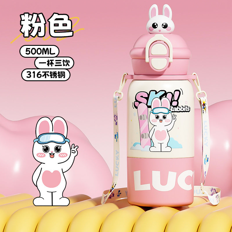Cartoon character kids' thermos cup - 316 stainless steel, food-grade, student straw water bottle, portable dual-drink children's mug