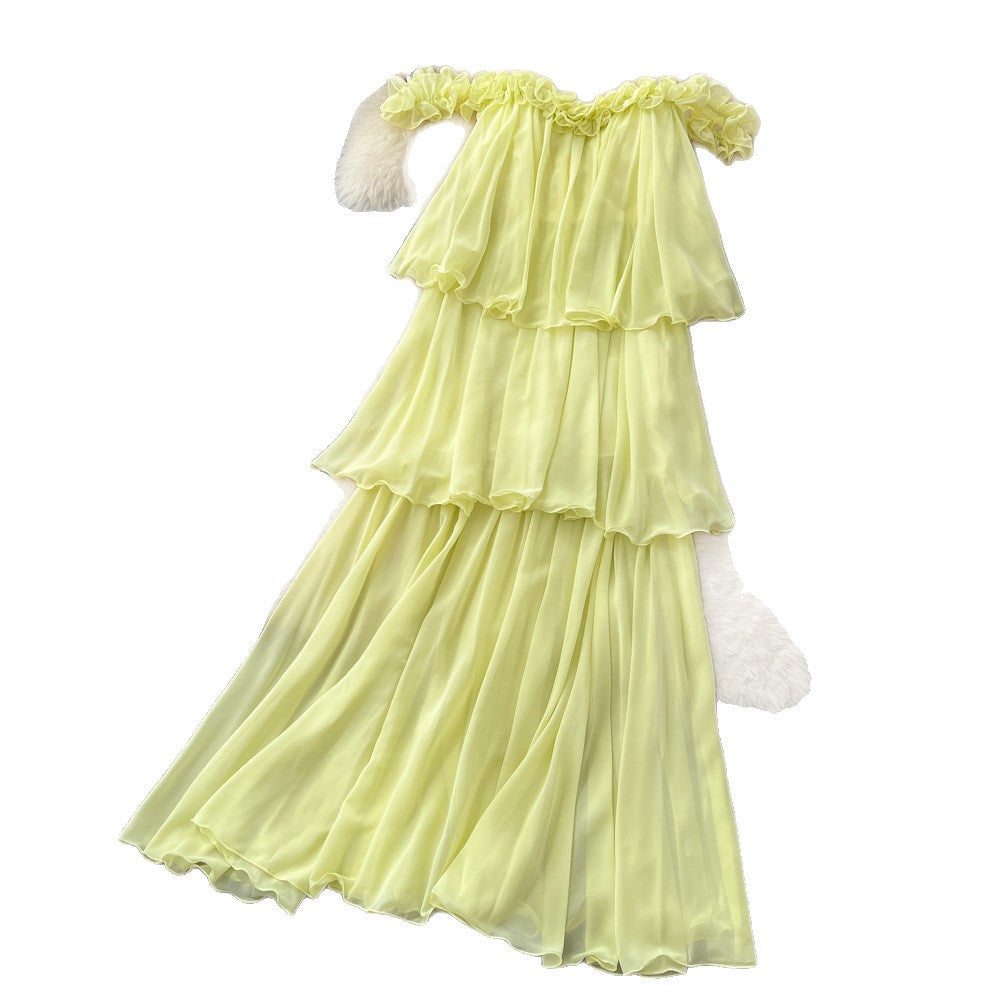 French halter sleeveless ruffle dress women's summer korean style high waist tiered dress vacation chic maxi dress
