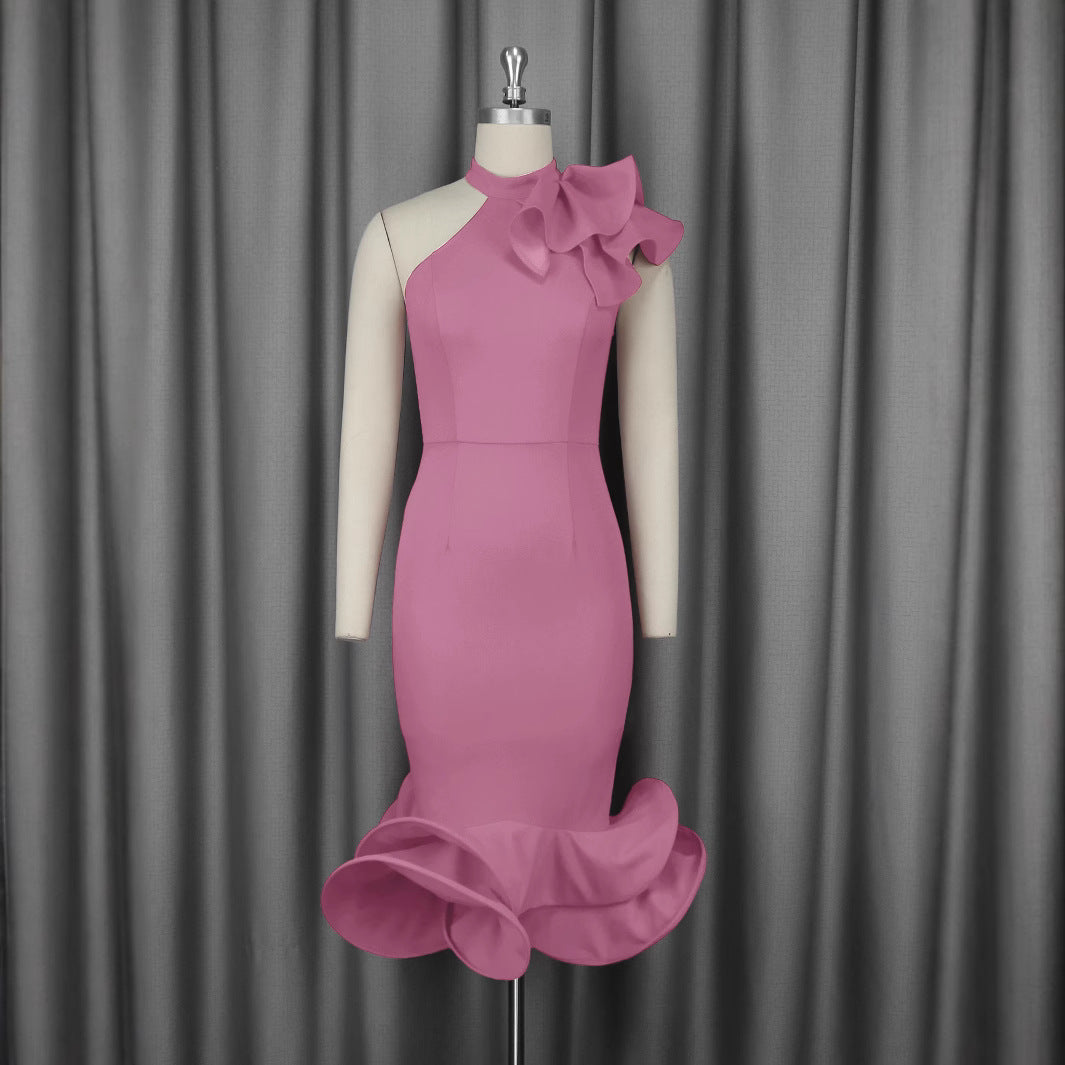 Cross-border European and American elegant semi-turtleneck ruffle dress, off-the-shoulder ruffle hem banquet evening dress Dresses