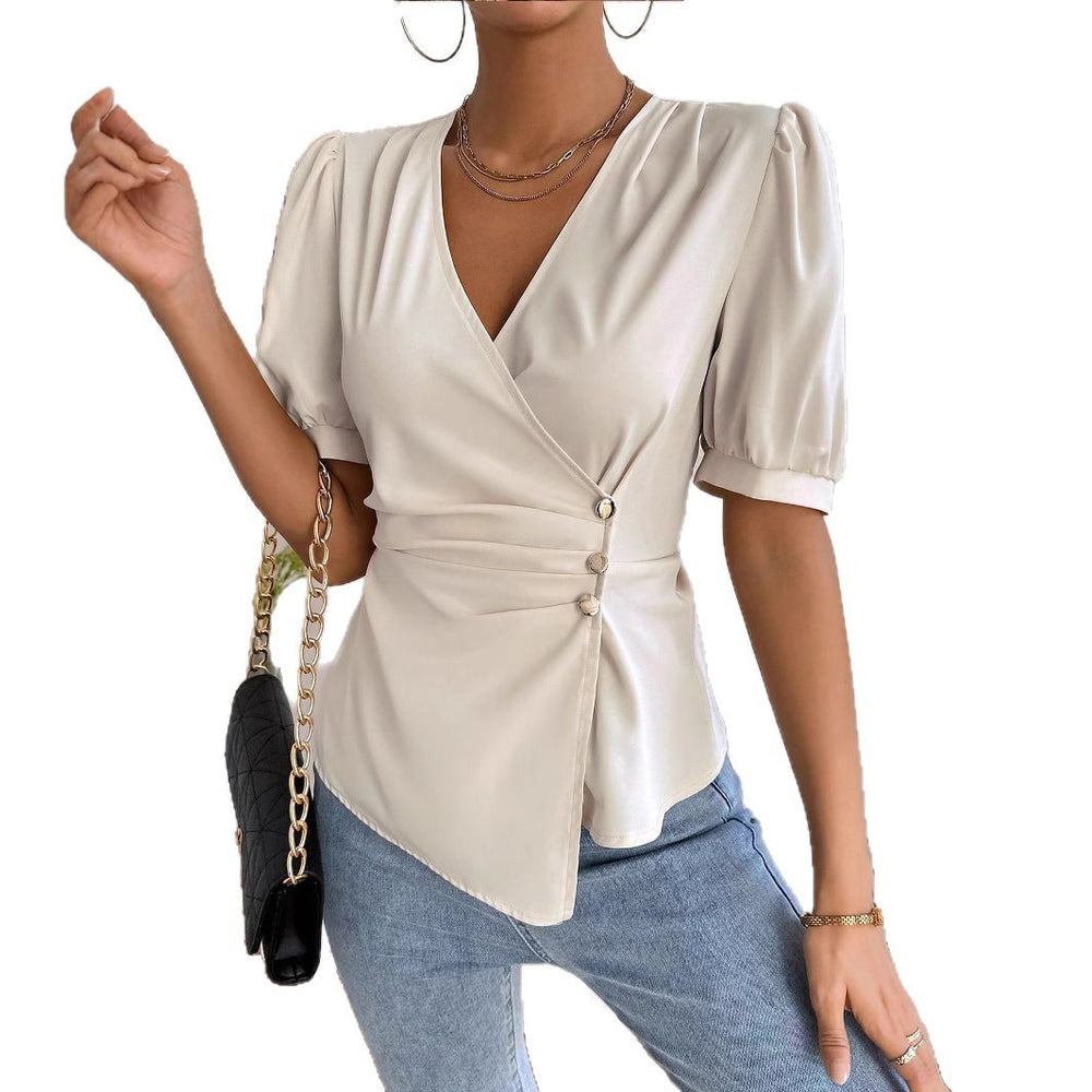 cross-border e-commerce:  &  - european & american style women's short-sleeve blouse - summer chic, slim-fit, tummy-control top