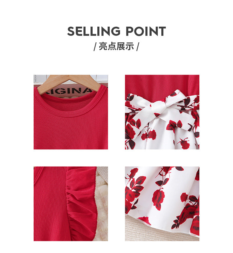 Girls' export dress - red flutter sleeve crew neck patchwork princess dress - rose print summer a-line skirt for children