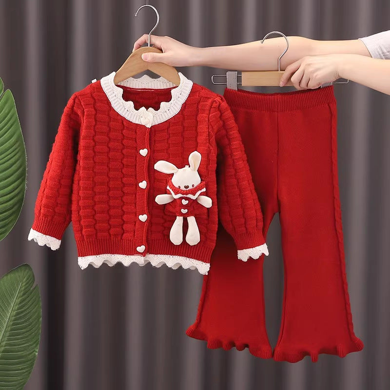 Girls' knit sweater jacket & pants set - new  cartoon bunny design