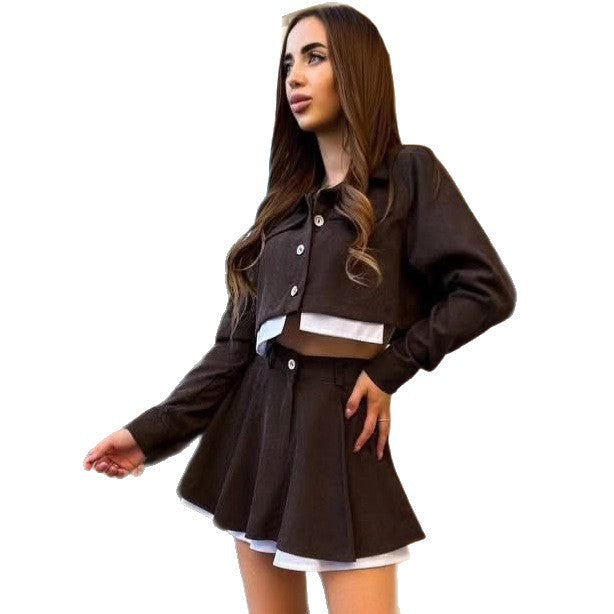 Cross-border European and American women's clothing temperament foreign style long-sleeved cardigan color matching shirt women's  fashion skirt two-piece set