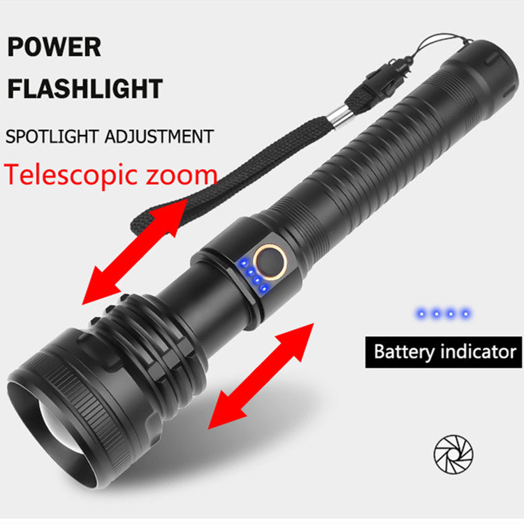 Cross-border XHP70 telescopic strong light USB charging telescopic zoom power display 3-speed dimming remote light flashlight
