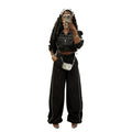 713 women's pant suit: fashionable sporty style zipper drawstring hem jacket + pocket wide-leg pants