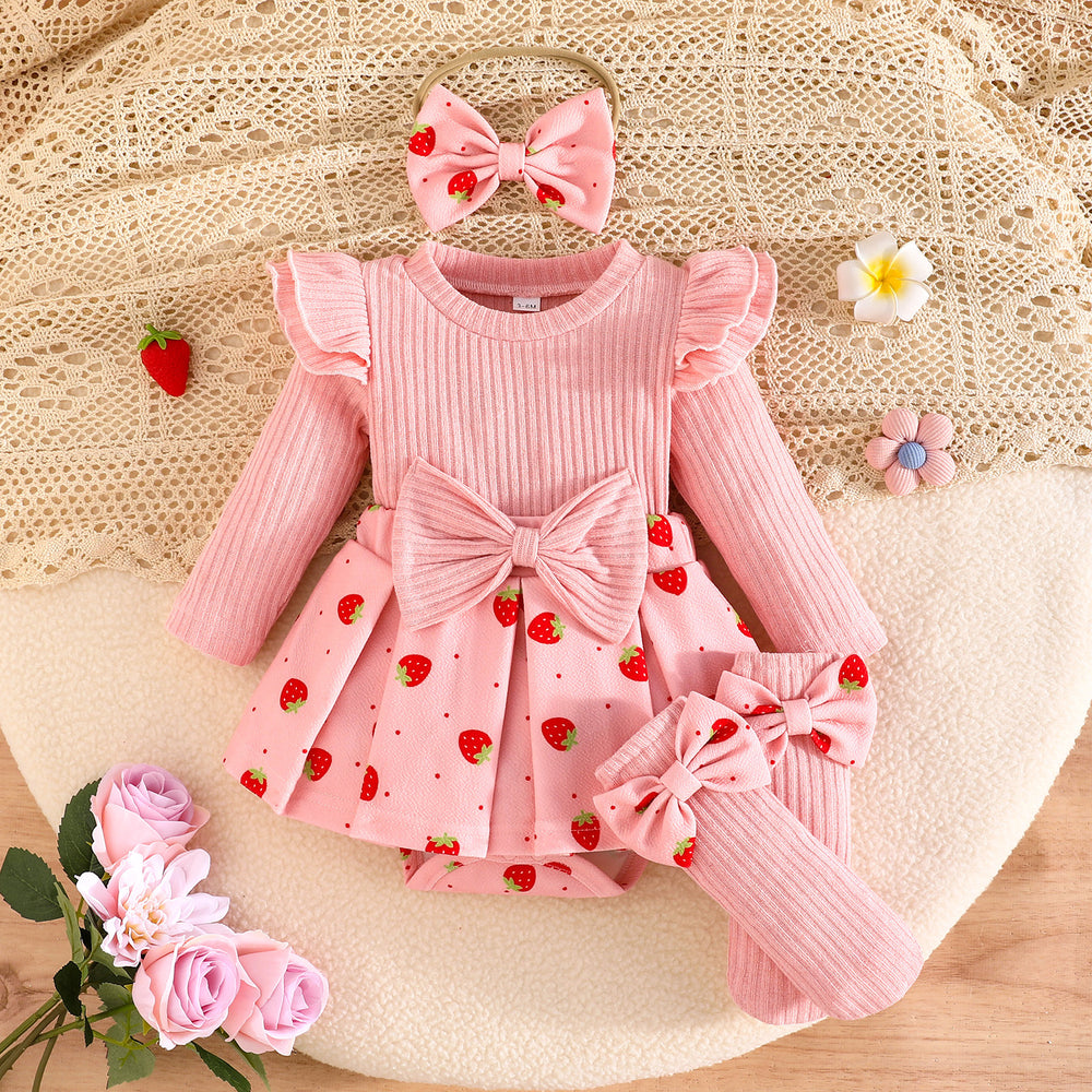 newborn baby girl autumn/winter collection: printed triangle romper + headband + bow socks - sweet & adorable style