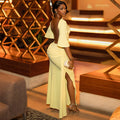 European and american cross-border women's fashion:  autumn new arrivals - sexy backless, elegant, slim-fit, slit yellow dress