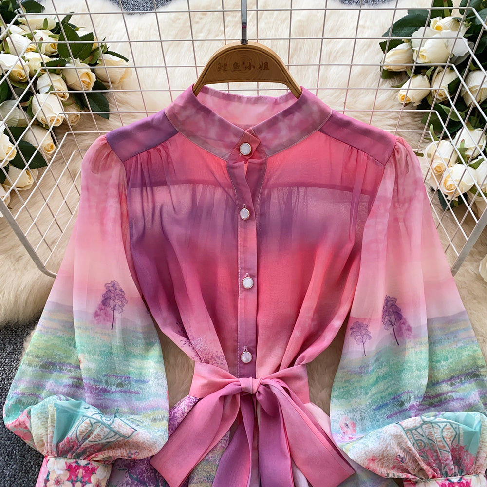 spring new women's dress - european & american style elegant stand collar lantern sleeve cinched waist printed ruffle hem mini dress