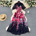 new resort style women's dress - french pearl button detail, cinched waist, slimming, elegant printed chiffon maxi dress