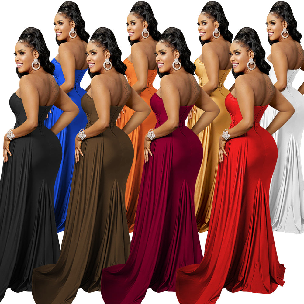 X5819 european and american new arrival   fashion solid color party bodycon one-shoulder sleeve maxi dress for women