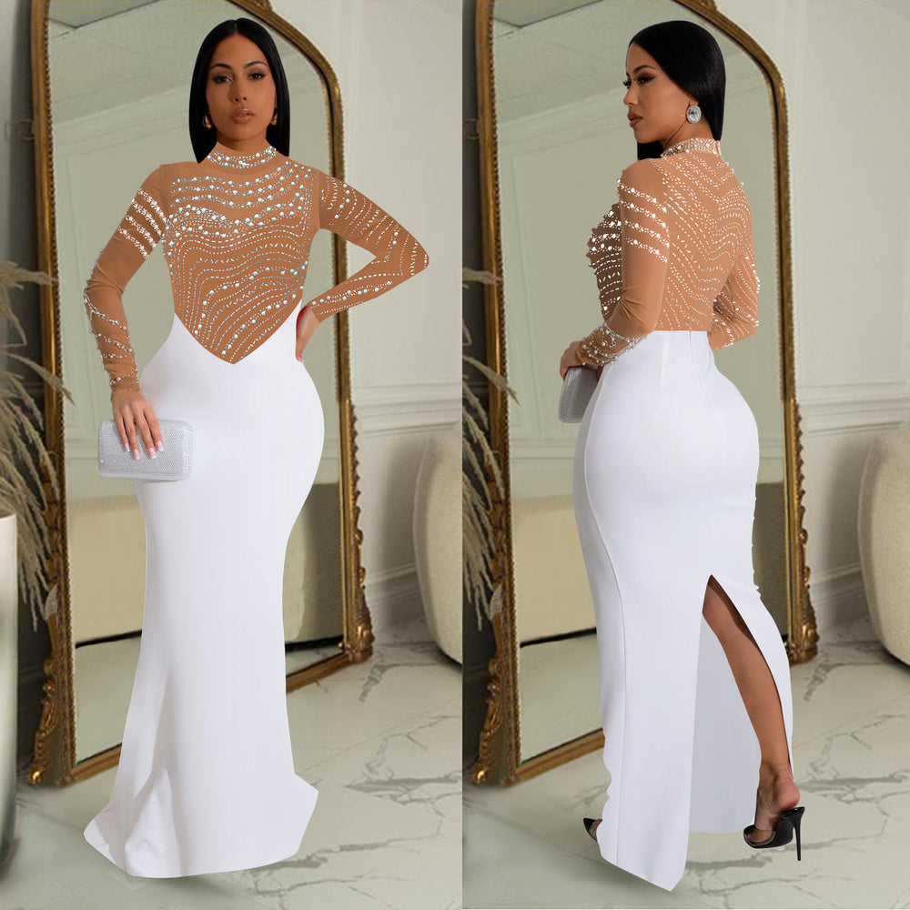 C7043 cross-border   independent station fashionfashion women's solid color hot diamond longdress new