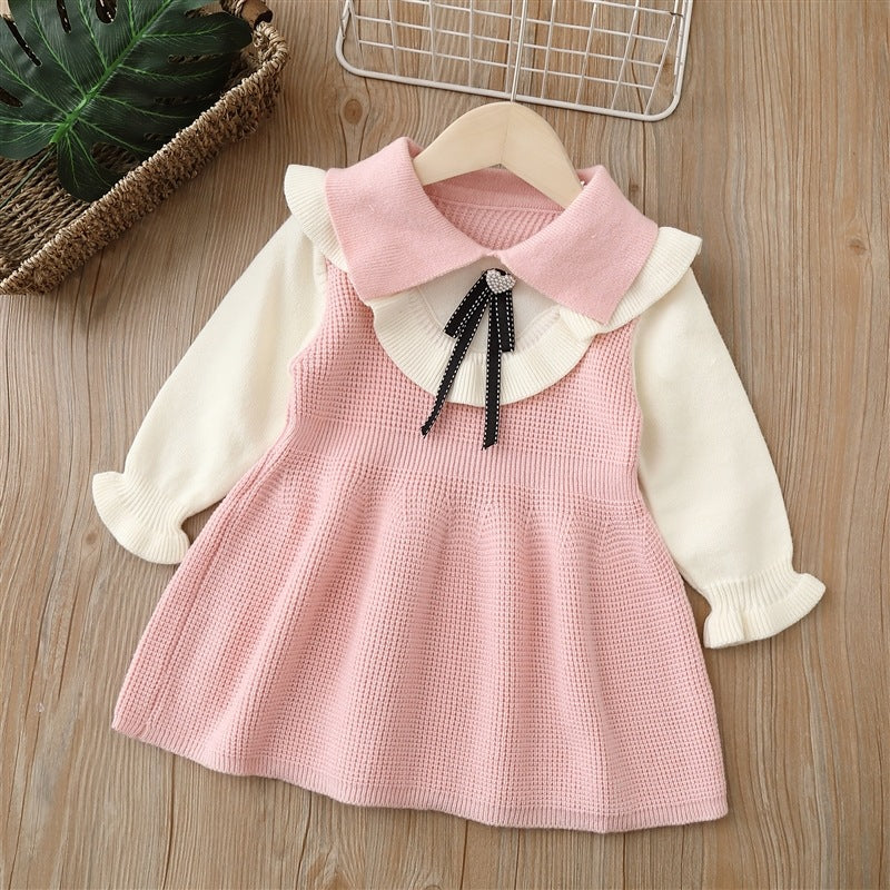 Girls' knit dress -  autumn/winter new arrival - collared bow knit dress for baby girls and toddlers
