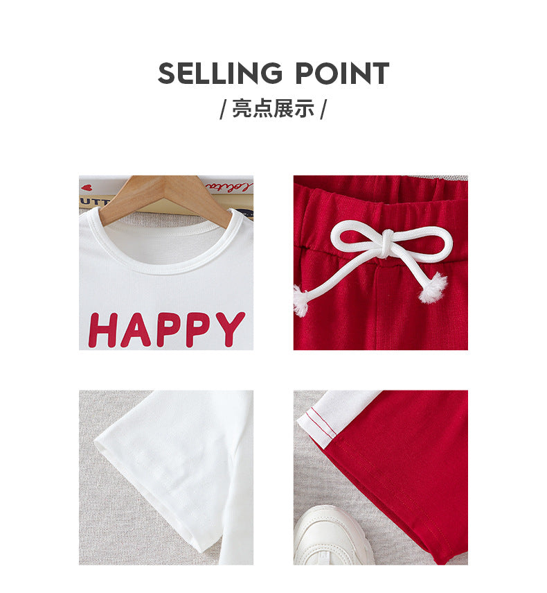 Kids' summer outfit: white letter print t-shirt & red active shorts set (sizes for mid-to-large children)