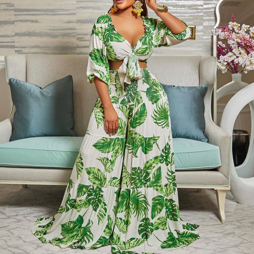 C8469 european and american  new arrival cross-border casual set: printed v-neck tie top and wide-leg pants - two-piece export set