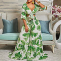 C8469 european and american  new arrival cross-border casual set: printed v-neck tie top and wide-leg pants - two-piece export set