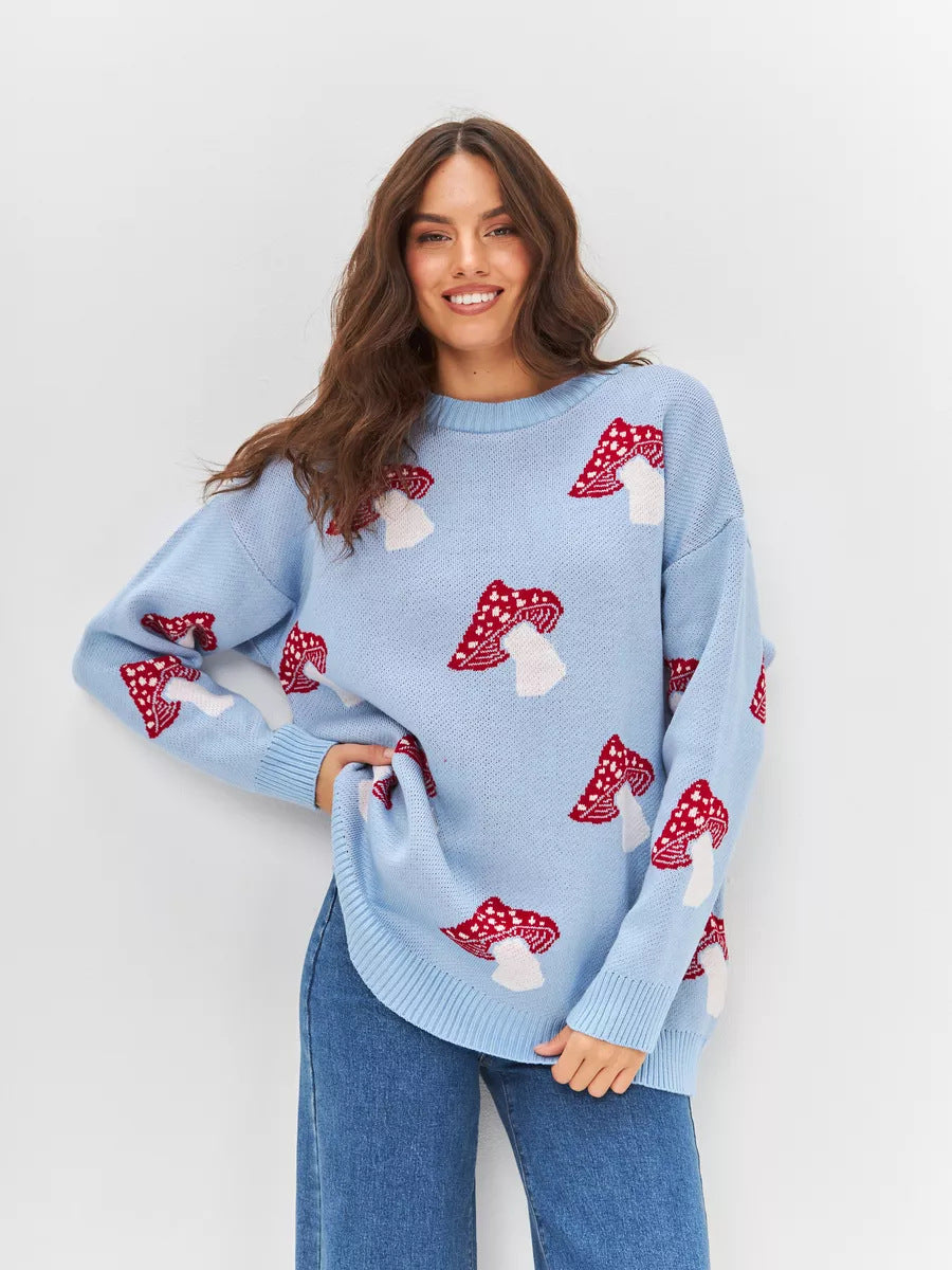 Cross-border European and American women's clothing casual ins mushroom long-sleeved crew neck sweater autumn and winter fashion loose pullover knitted sweater women