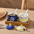 Household kitchen ceramic seasoning jar set - hand-painted creative pepper & salt shakers, sugar bowl, msg jar with wooden tray set