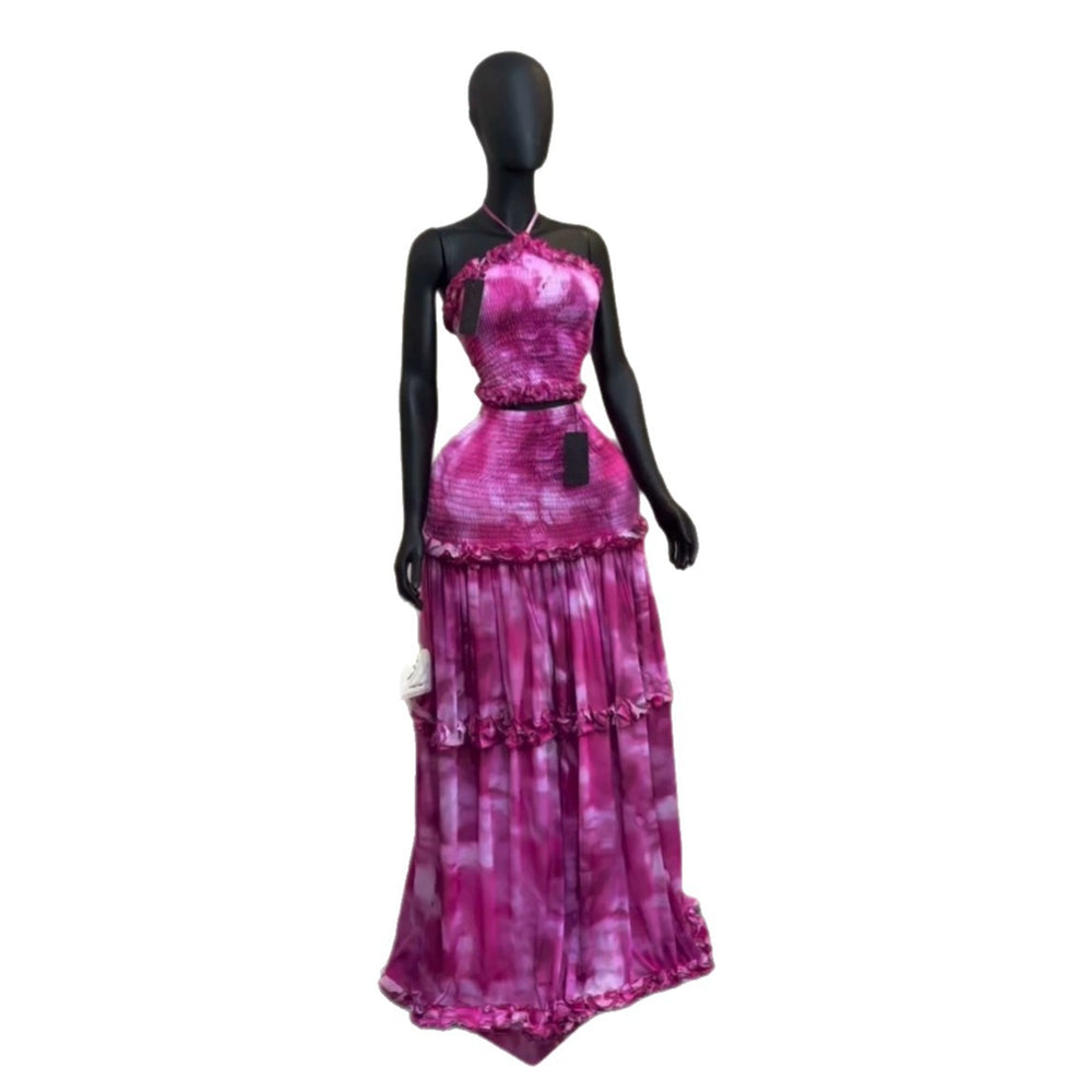 European and american cross-border women's fashion:  summer new collection - sweet halter neck printed top with ruffled hem midi skirt set