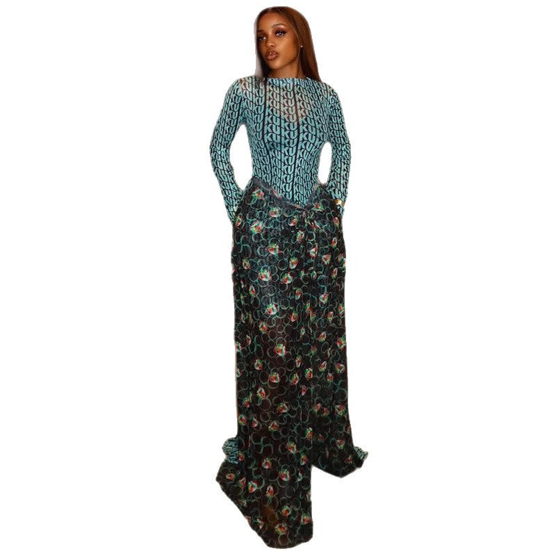 Fashion styleexport waist women's fashionelegantretro hip skirt slightly see-through round neck long sleevespatchwork trendydress