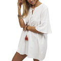 cross-border hot selling european and american v-neck tie-up loose minimalist short-sleeve dress - in stock