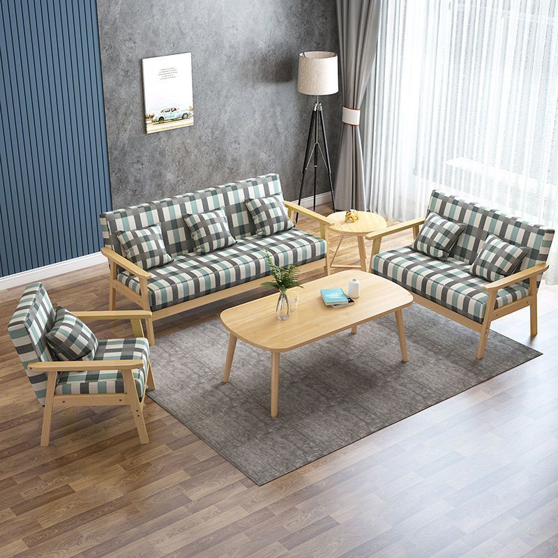 Solid wood sofa and coffee table set - modern minimalist fabric three-seater office chair for small apartment living rooms and rental properties