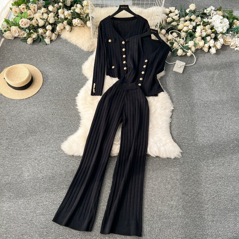 Premium women's spring  outfit set: metallic buckle vest, versatile knit cardigan, and wide-leg pants - a stylish three-piece ensemble