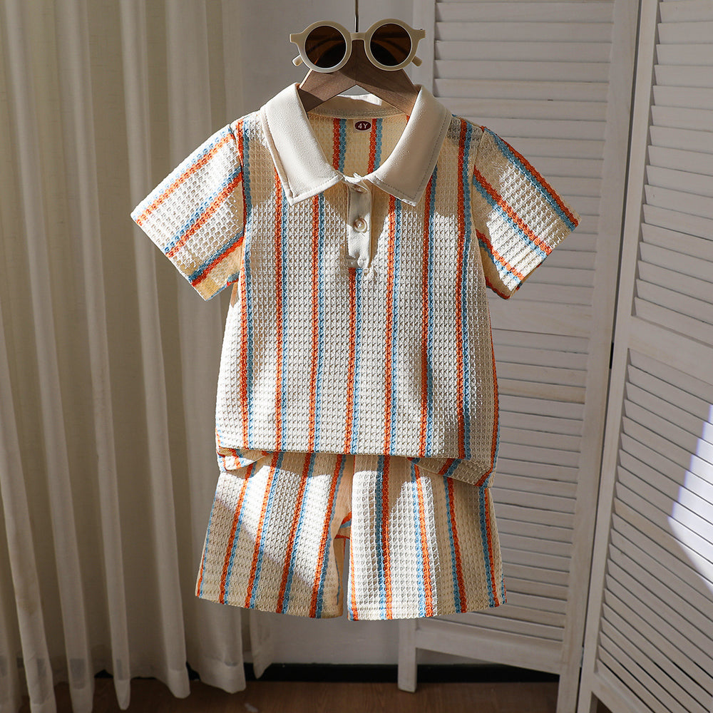 summer new arrival cross-border e-commerce striped textured children's knitted casual pants two-piece set for boys