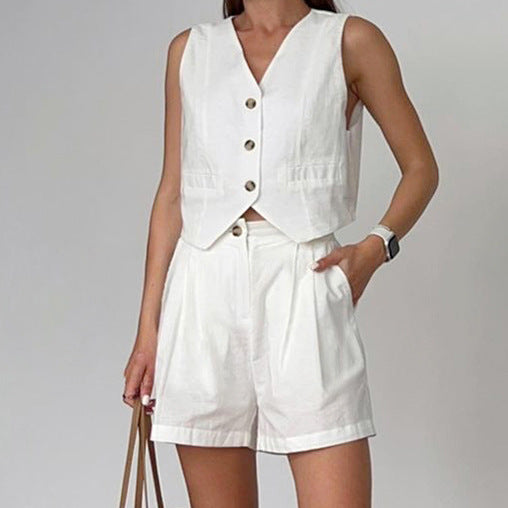 White V-neck cotton and linen sleeveless vest casual suit 2025 European and American spring fashion  two-piece set women