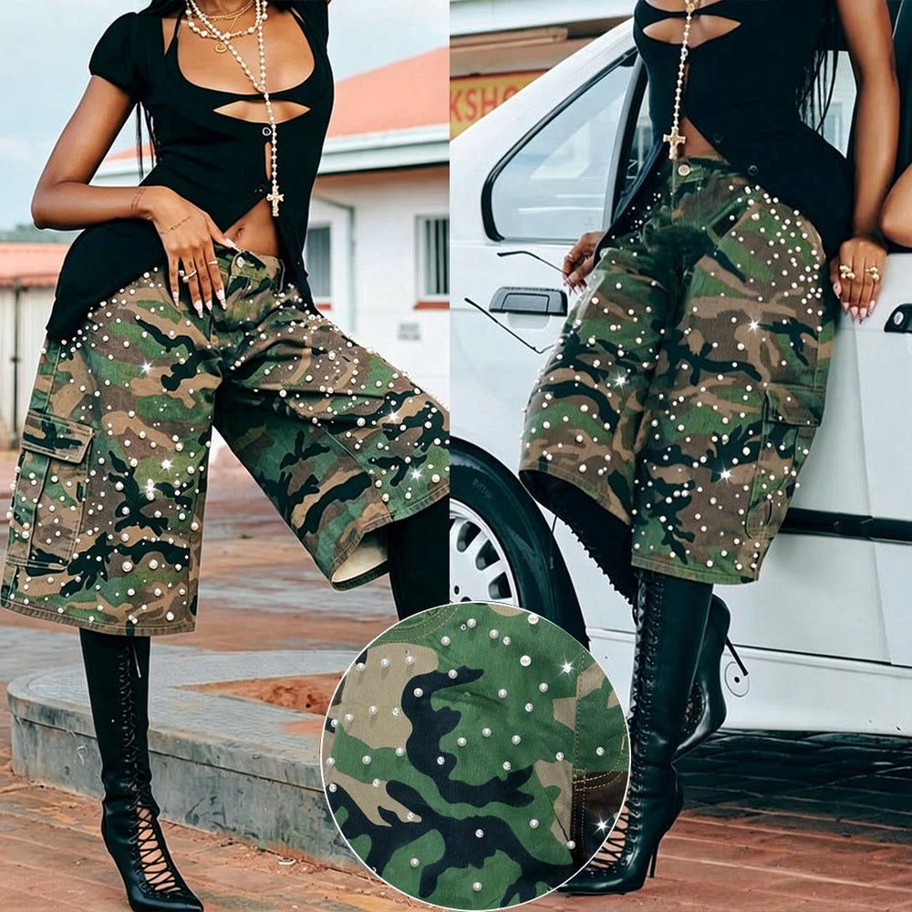 S391539 cross-border women's heavy industry pearl rhinestone camouflage workwear denim mid-pants american multi-pocket half-length pants