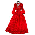 French-style, heavily embellished, diamond-studded, faux fur sleeve, high-end pleated dress - women's loose-fit, tie-waist, elegant long dress