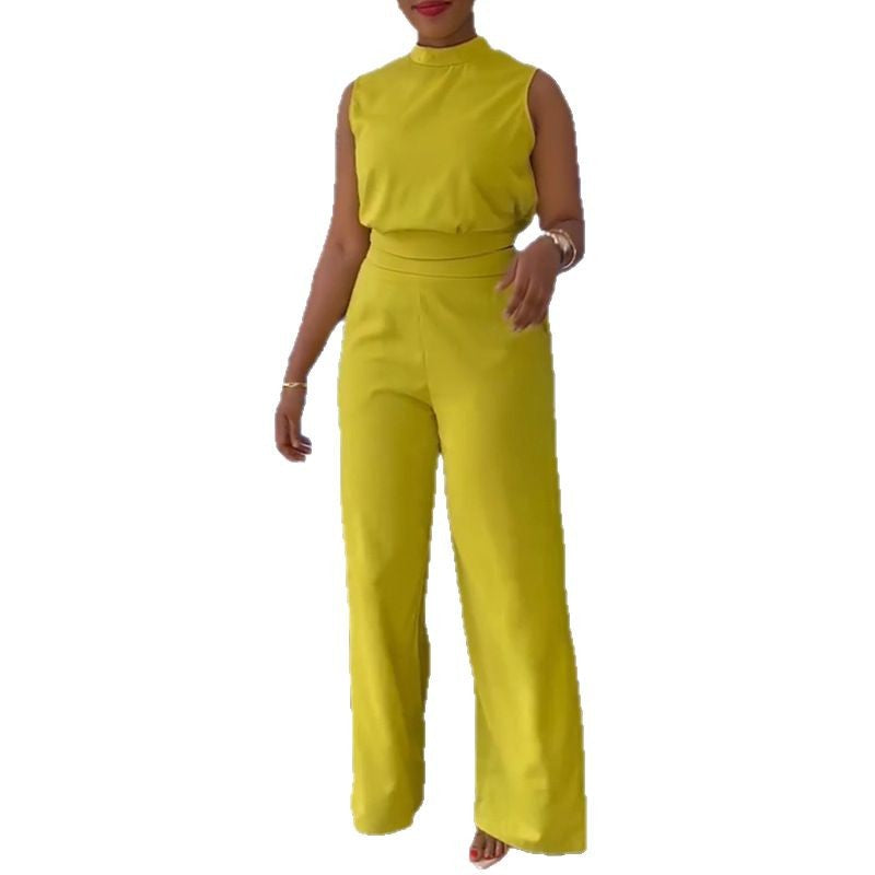 European and American  women's clothing 2025 summer new semi-turtleneck sleeveless top high waist wide leg trousers casual suit