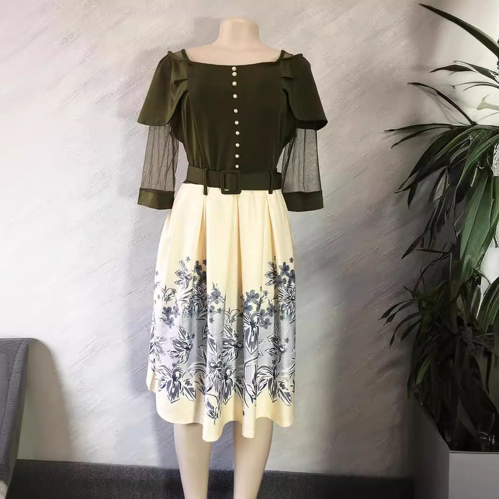 supply digital printing with pure color one-shoulder lotus leaf sleeves and waist a-line skirt with matching belt of the same color