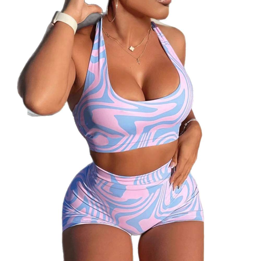 Trendy european and american style: pink & blue color block halter swimsuit set - high waist, slimming, two-piece bathing suit for hot springs & vacations