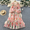 French retro v-neck lantern sleeve printed dress - women's  autumn collection - cinched waist, elegant ruffle hem maxi dress