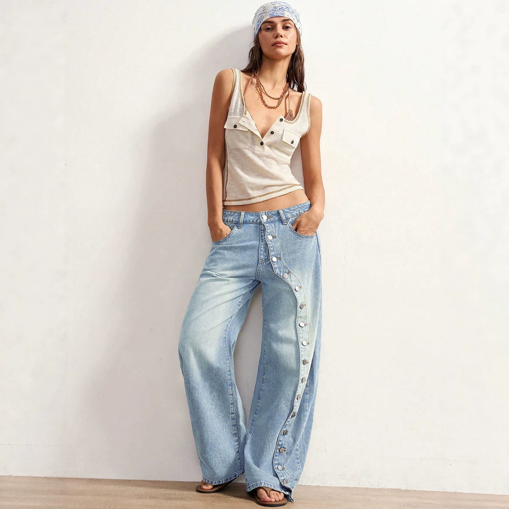 Fashionjeans women's team button slit loose jeans retro washed detachable buttons draped mop pants