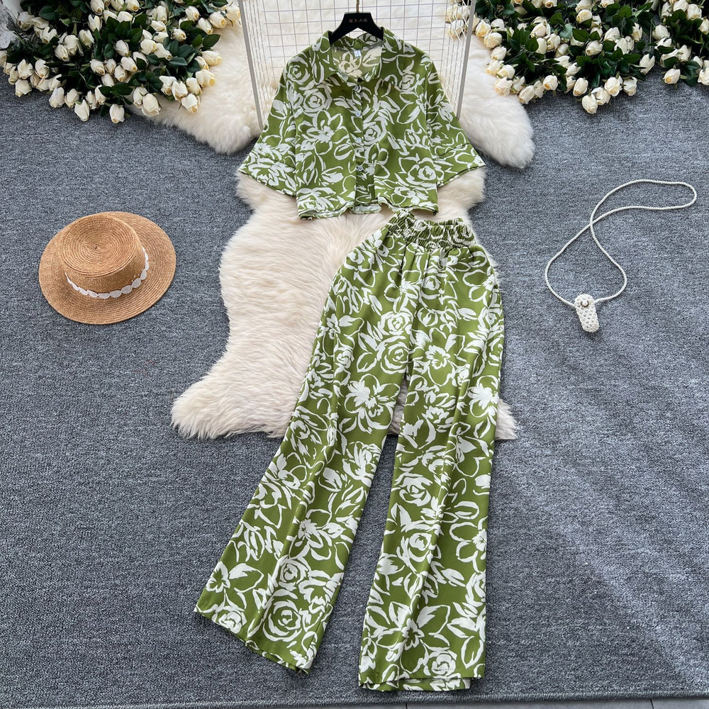 Salt style light mature style suit women's fashioneasiest for matchlooseshortprintingshirt+high waistslimming lookloosecasual pants