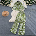 Salt style light mature style suit women's fashioneasiest for matchlooseshortprintingshirt+high waistslimming lookloosecasual pants