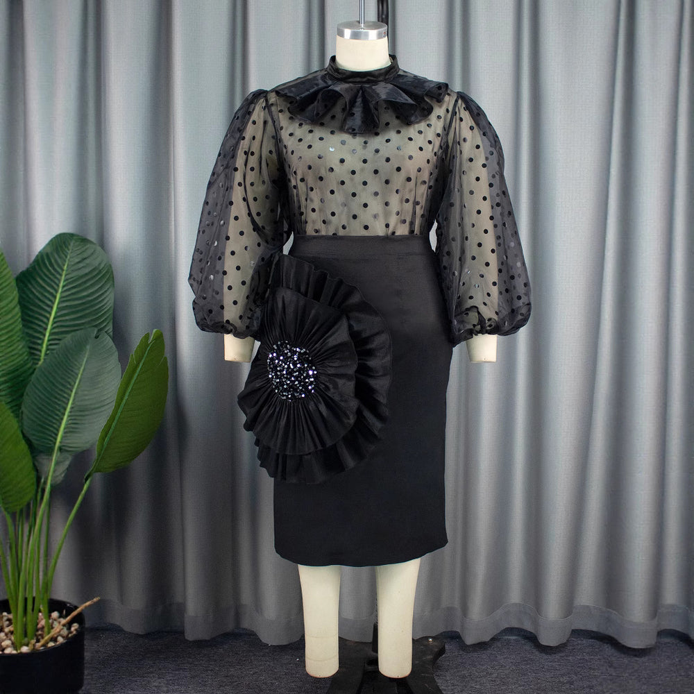Sexy see-through polka dot mesh blouse suit stereo florals skirt two-piece set two-piece set