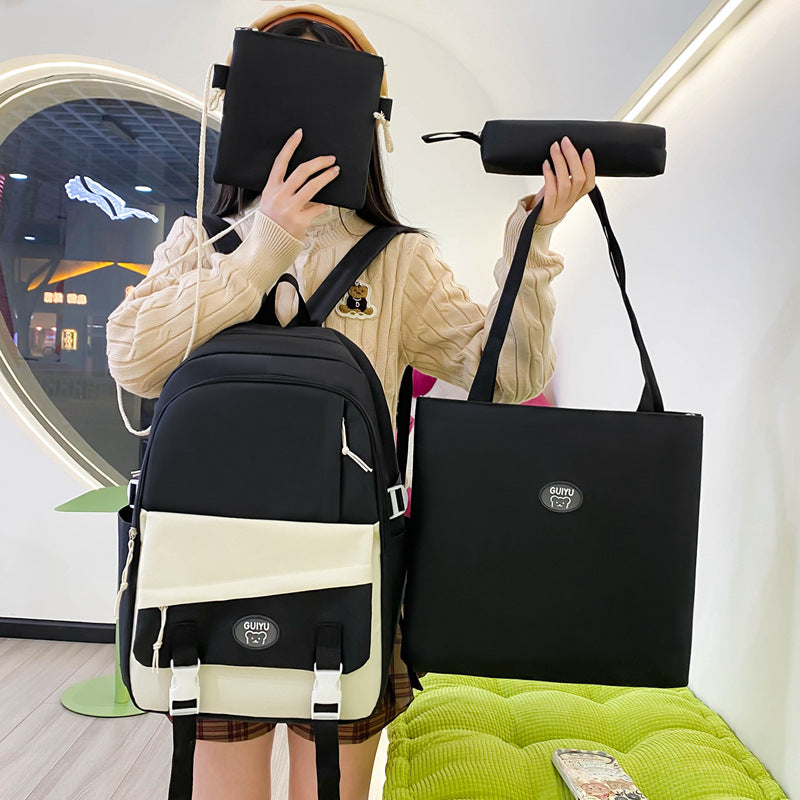 Simple four-piece schoolbag, female primary school backpack,  large-capacity junior high school backpack, high-value lightweight backpack